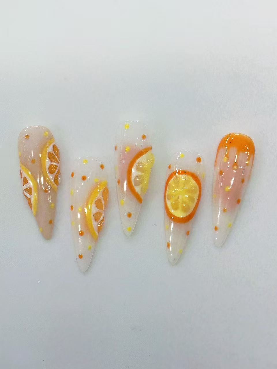 3D Orange Slice Jelly Long Stiletto Press On Nails - handmade custom press-on nails detail gallery photo