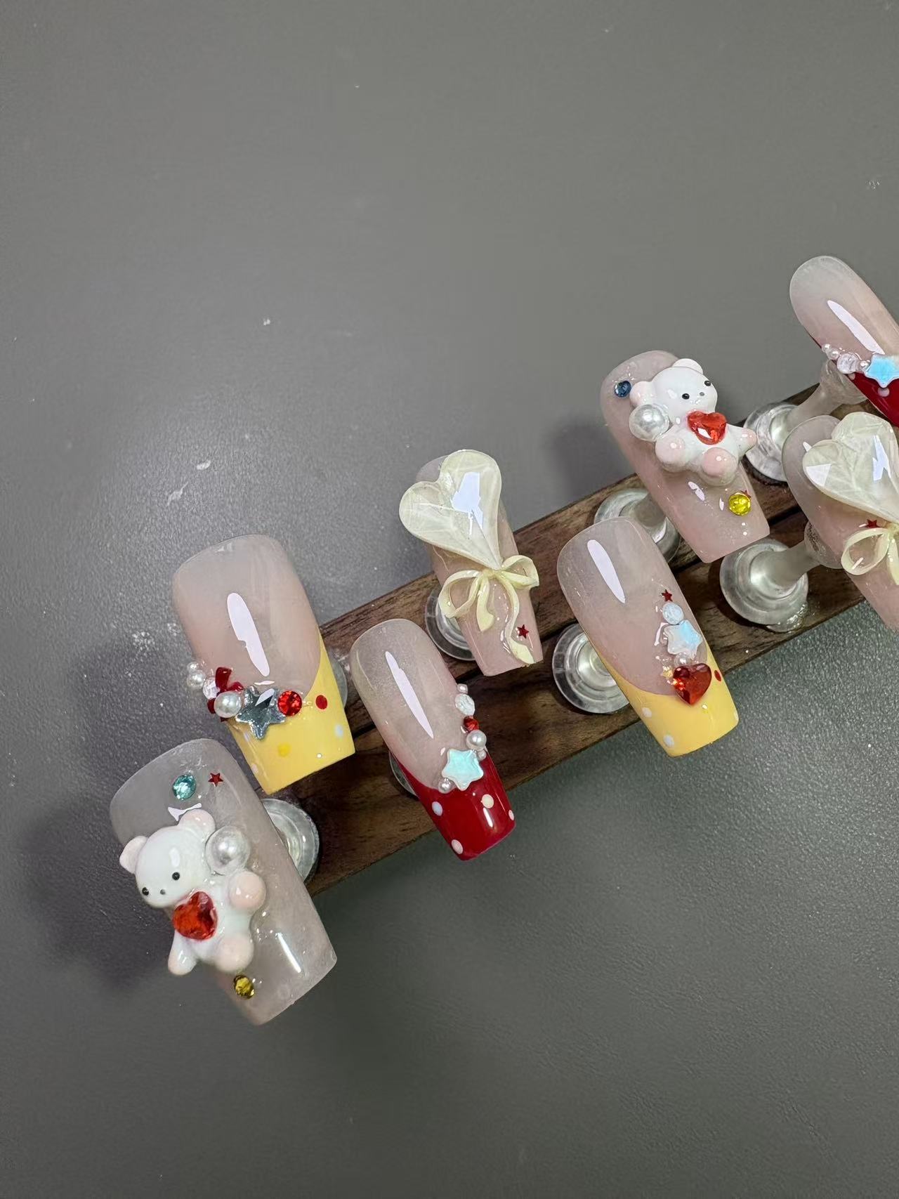 Cute Cartoon Bear Cherry French Medium Coffin Press On Nails - handmade custom press-on nails detail gallery photo
