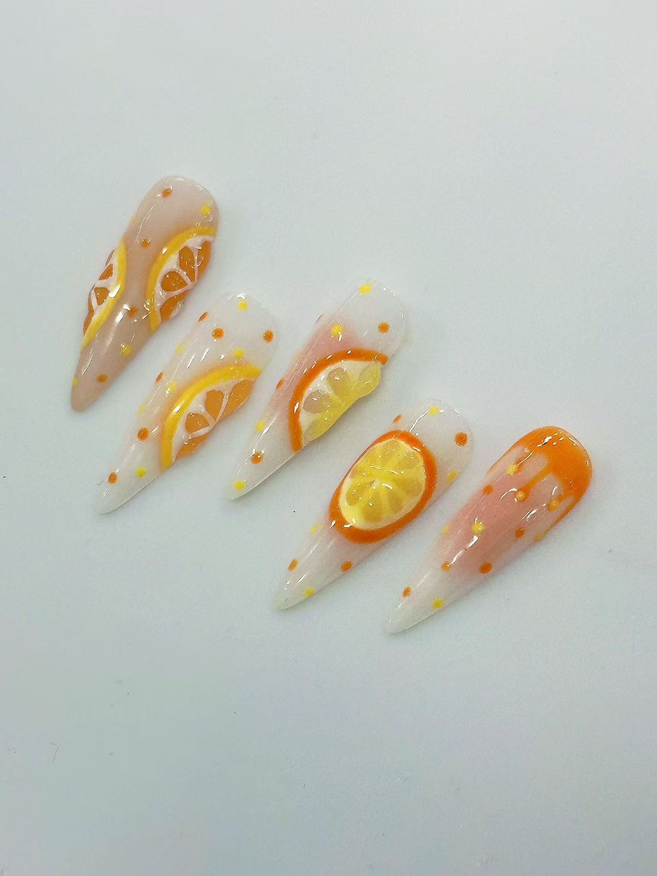 3D Orange Slice Jelly Long Stiletto Press On Nails - handmade custom press-on nails detail gallery photo