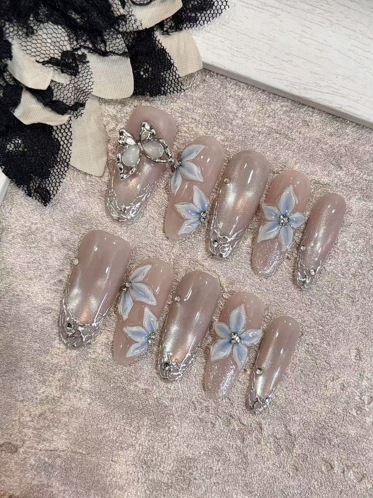 Nude Shimmer 3D Blue Flower Silver Lace Almond Press On Nails - handmade custom press-on nails detail gallery photo