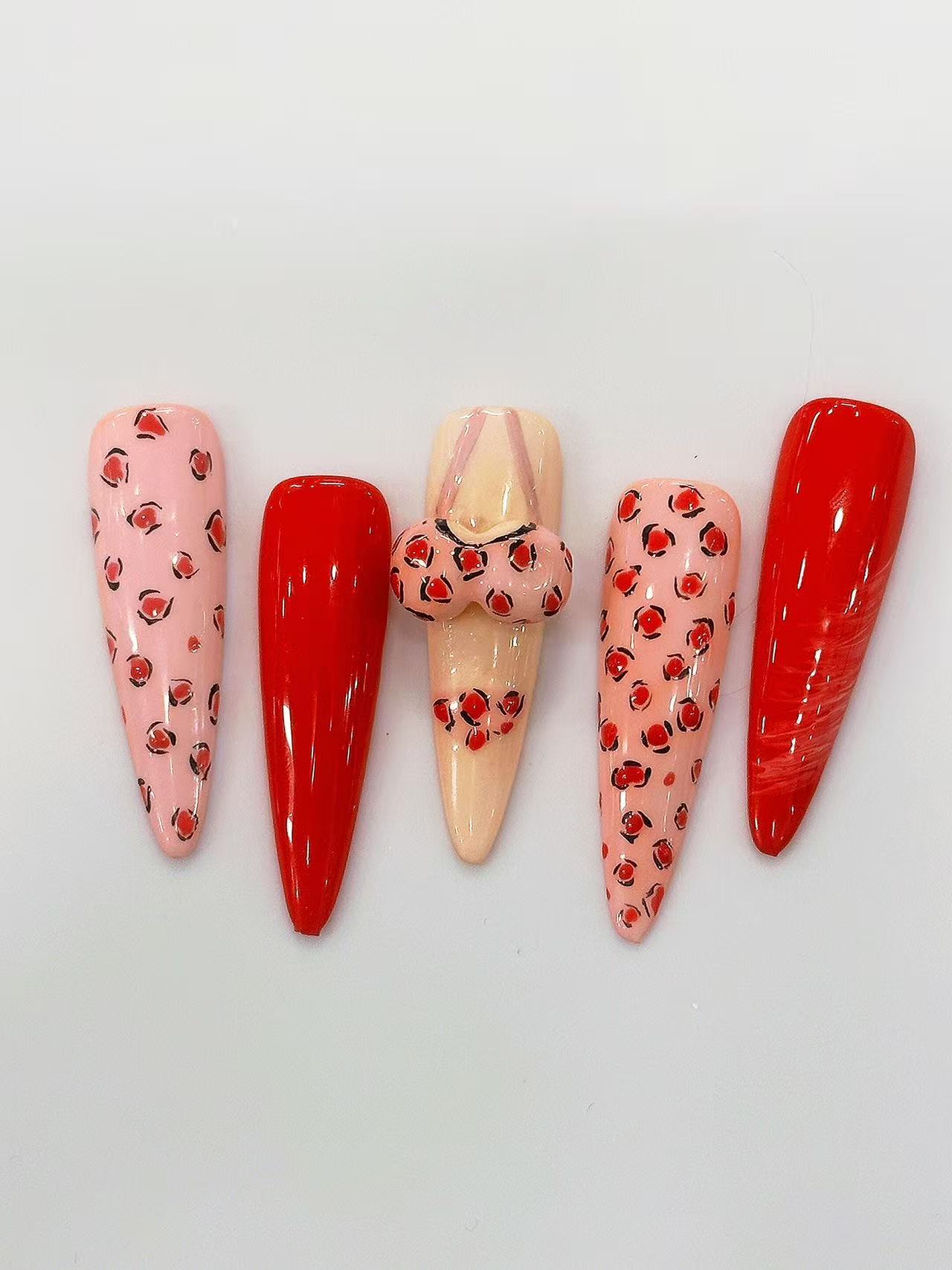 Pink Red Leopard 3D Bikini Long Stiletto Press On Nails - handmade custom press-on nails detail gallery photo