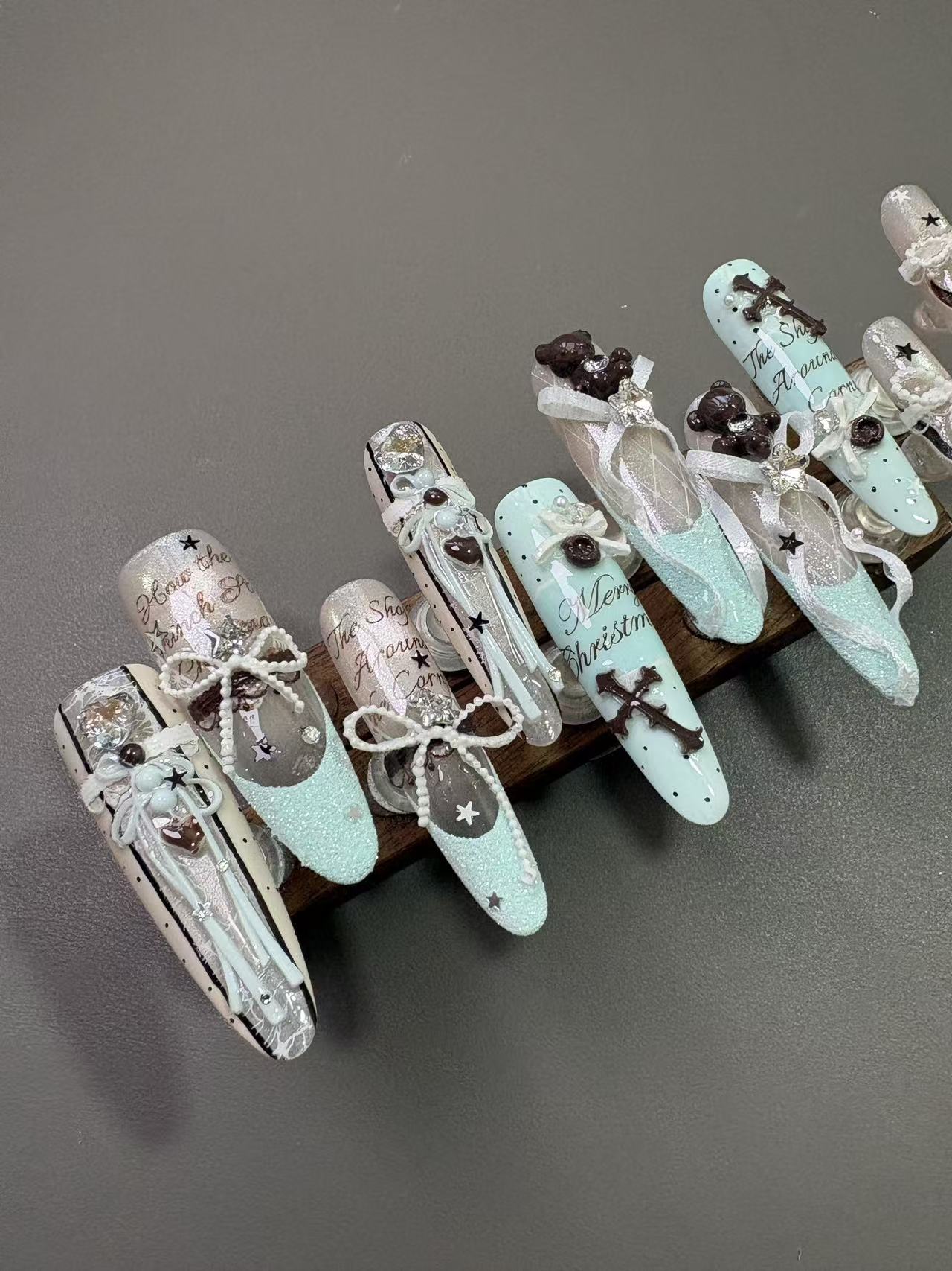 Mint Green Ribbon Bear Cross Long Stiletto Press On Nails - handmade custom press-on nails detail gallery photo
