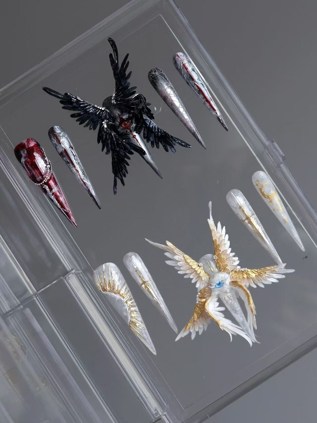 Dual Style Angel & Fallen Angel Wing Stiletto Press On Nails - handmade custom press-on nails detail gallery photo