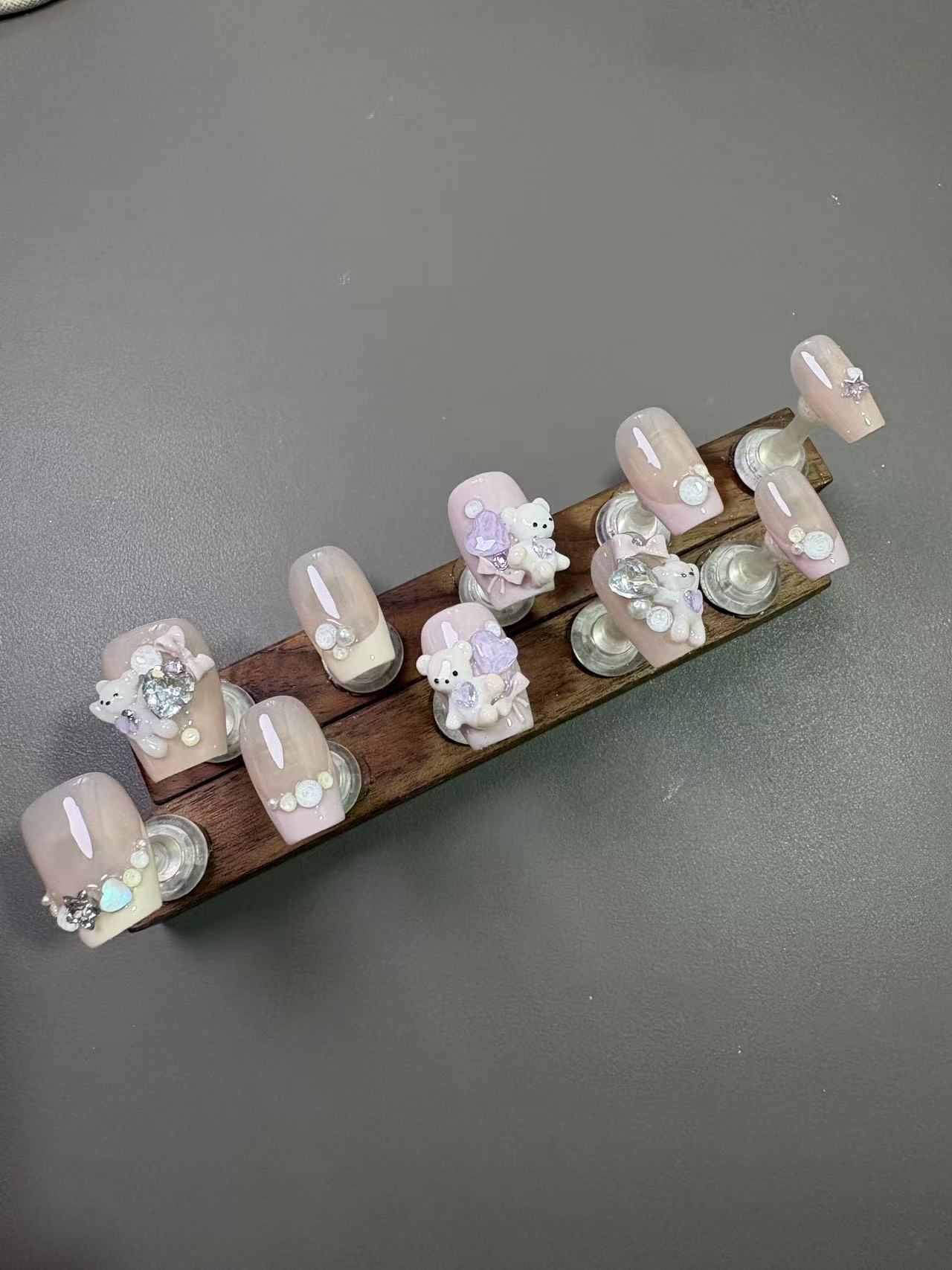 Nude Pink French 3D Bear Short Square Press On Nails - handmade custom press-on nails main product photo