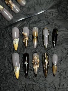 Long Almond Retro Leopard Floral Press On Nails detail view