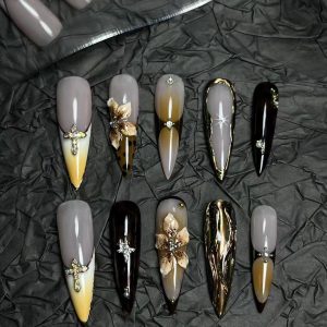 Long Almond Retro Leopard Floral Press On Nails