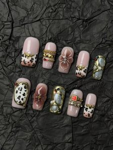 Pink Leopard Floral Square Press On Nails detail view
