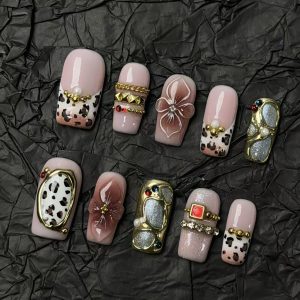 Pink Leopard Floral Square Press On Nails