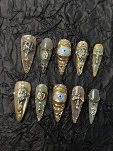 Golden Evil Eye Cross Stiletto Press On Nails detail view