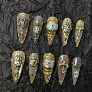 Golden Evil Eye Cross Stiletto Press On Nails
