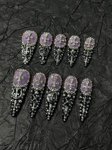 Purple Black Cross Stiletto Press On Nails detail view