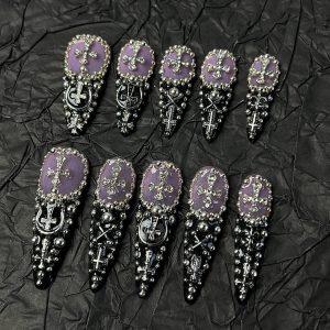 Purple Black Cross Stiletto Press On Nails