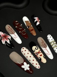 Long Almond Cartoon Lady Portrait Press On Nails detail view