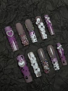 Long Square Purple Zebra Cow Print Press On Nails detail view