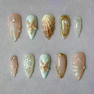 Ocean Shell Starfish 3D Almond Press On Nails