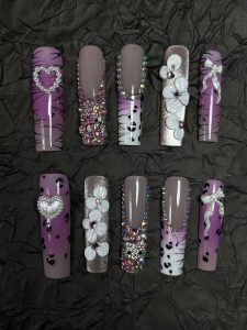 Long Square Purple Zebra Cow Print Press On Nails detail view