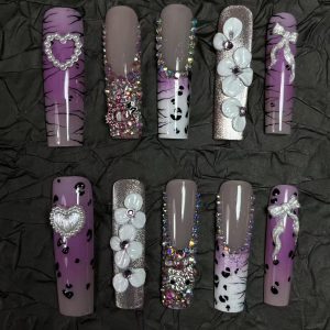 Long Square Purple Zebra Cow Print Press On Nails