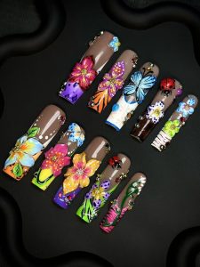 Tropical 3D Floral Butterfly Long Square Press On Nails detail view