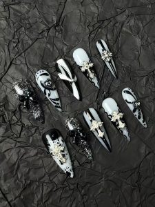 Black White Gothic Cross Stiletto Press On Nails detail view