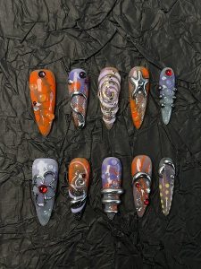 Orange Purple Abstract Almond Press On Nails detail view
