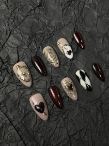 Burgundy Ace Heart Vintage Poker Almond Press On Nails detail view