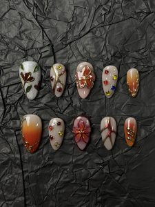 Autumn Red Floral Almond Press On Nails detail view