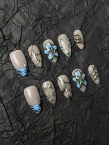 Blue Flower Metallic Almond Press On Nails detail view