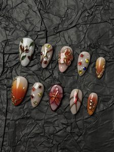Autumn Red Floral Almond Press On Nails detail view