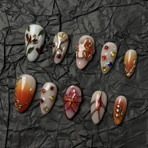 Autumn Red Floral Almond Press On Nails