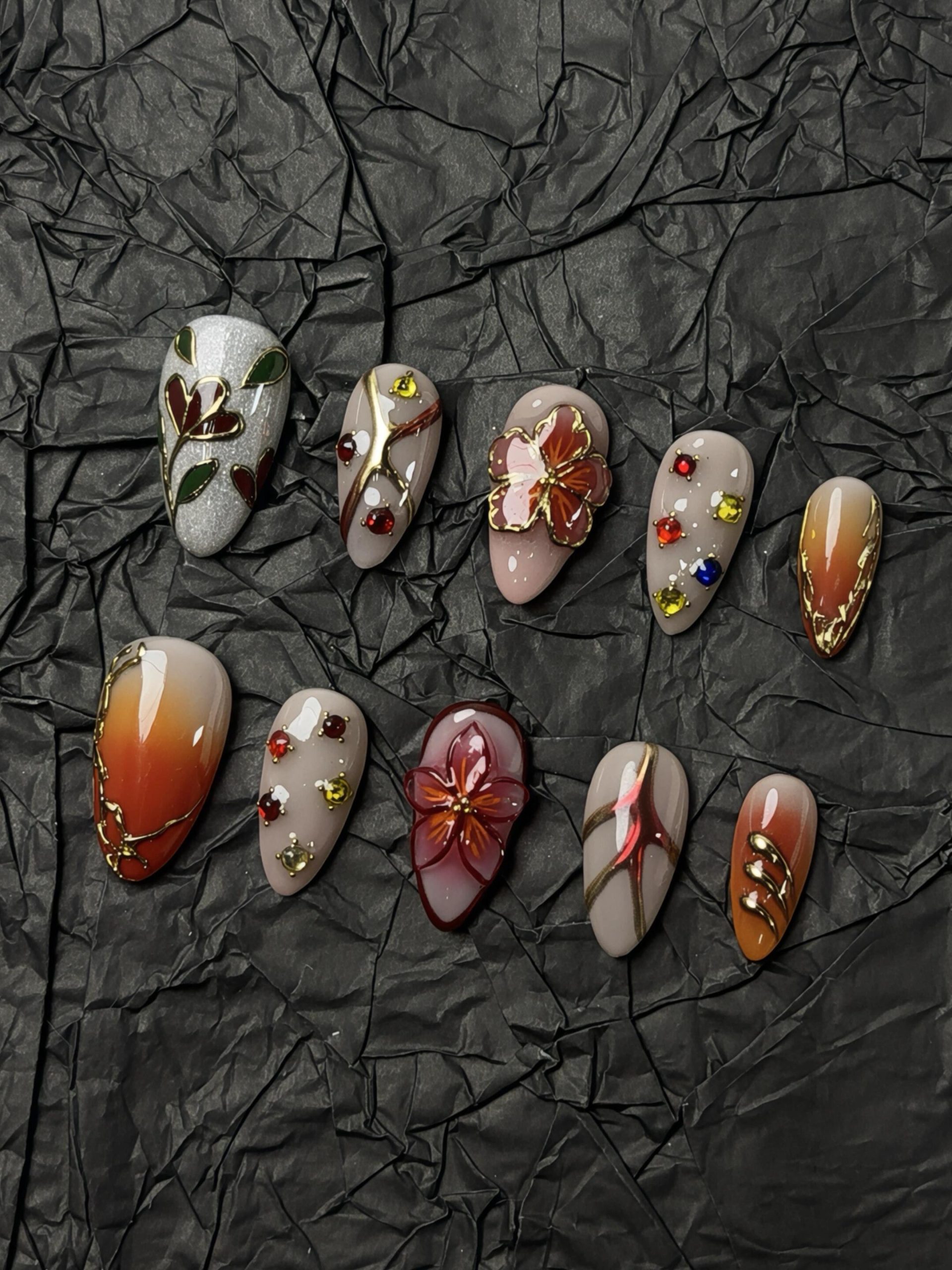 Autumn Red Floral Almond Press On Nails