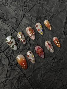 Autumn Red Floral Almond Press On Nails detail view