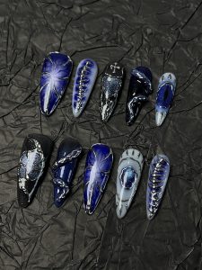 Blue Skeleton Snake Stiletto Press On Nails detail view