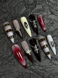 Long Stiletto Retro Burgundy Cross Press On Nails detail view