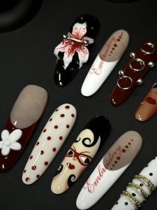 Long Almond Cartoon Lady Portrait Press On Nails detail view