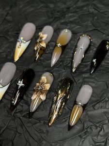 Long Almond Retro Leopard Floral Press On Nails detail view