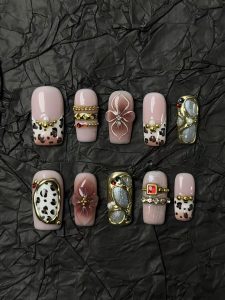 Pink Leopard Floral Square Press On Nails detail view