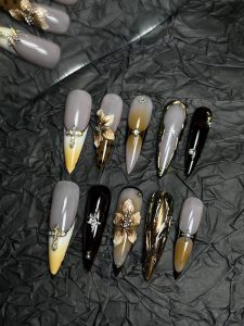 Long Almond Retro Leopard Floral Press On Nails detail view