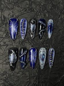 Blue Skeleton Snake Stiletto Press On Nails detail view