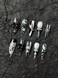 Black White Gothic Cross Stiletto Press On Nails detail view