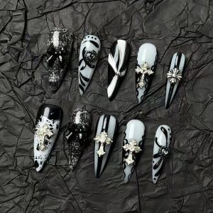 Black White Gothic Cross Stiletto Press On Nails