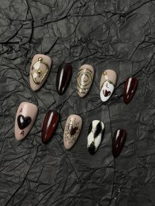 Burgundy Ace Heart Vintage Poker Almond Press On Nails detail view