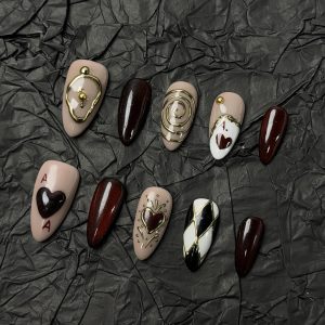 Burgundy Ace Heart Vintage Poker Almond Press On Nails