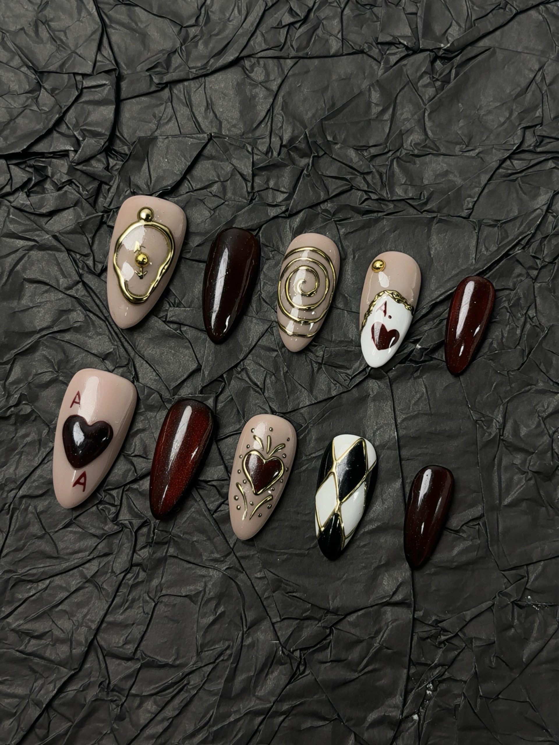Burgundy Ace Heart Vintage Poker Almond Press On Nails