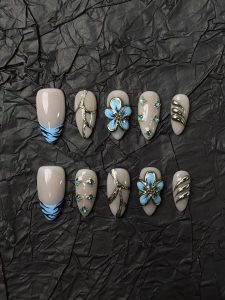 Blue Flower Metallic Almond Press On Nails detail view