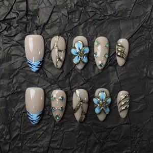 Blue Flower Metallic Almond Press On Nails