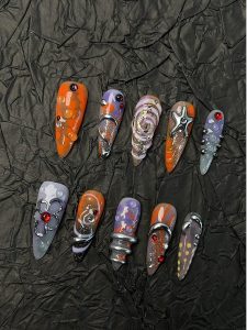 Orange Purple Abstract Almond Press On Nails detail view