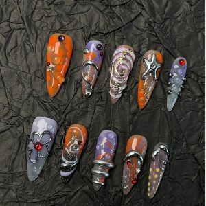 Orange Purple Abstract Almond Press On Nails