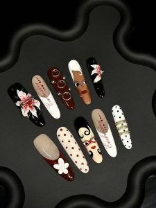 Long Almond Cartoon Lady Portrait Press On Nails detail view