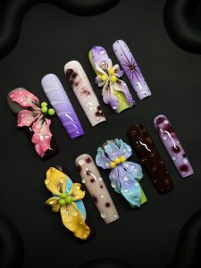 Long Square 3D Dewy Orchid Press On Nails detail view