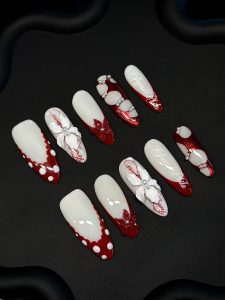 Red White 3D Flower Almond Press On Nails detail view